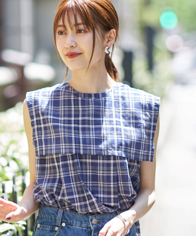 前後2WAYセーラーケープチェックリネンブラウス※WEB Store限定販売