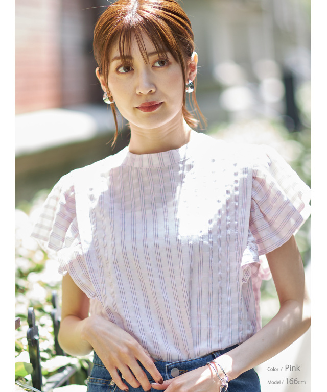 Cen. （セン）STORY別注 サイドフリルブラウス　　ブルー 前後2WAYチェックフリルブラウス※WEB Store限定販売