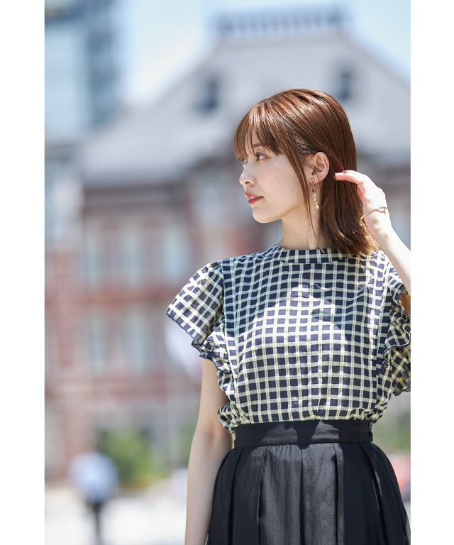 フリルチェックブラウス 七分袖T008 前後2WAYチェックフリルブラウス※WEB Store限定販売