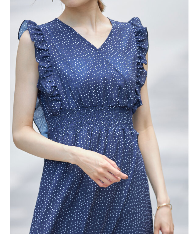 オースチンリード✨ワンピース　ドット　フリル　カシュクール　ドレス　膝下　40 オースチンリード✨ワンピース ドット フリル カシュクール