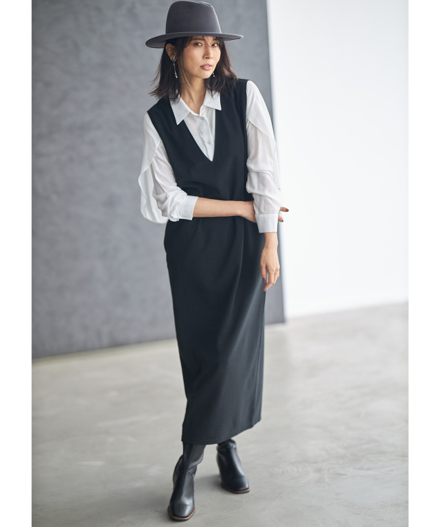 Vネックロングワンピース