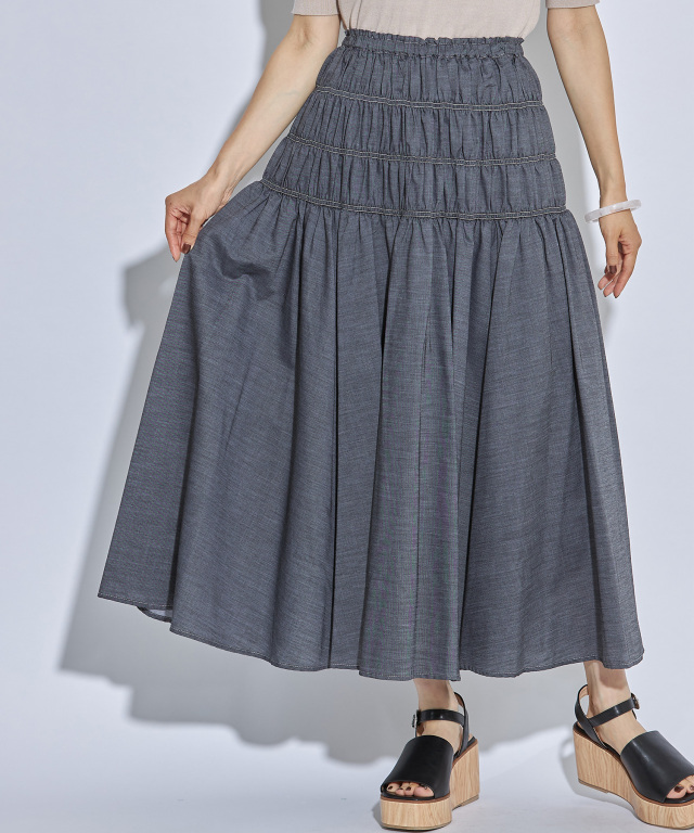 デニム風シャーリングロングスカート