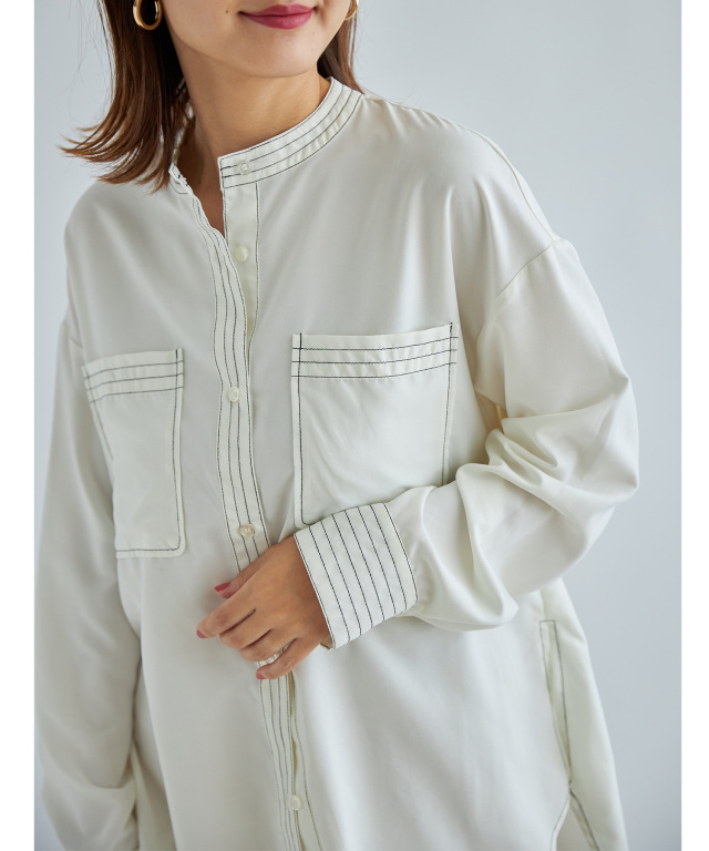 イネド　バンドカラーシャツ　白　ホワイト　7号　セオリーパンツセット 配色ステッチバンドカラーシャツ※一部店舗のみ入荷