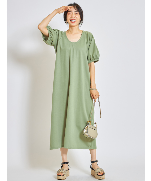 袖ポンチ深Uネックワンピース※一部店舗のみ入荷/#155ピスタチオ