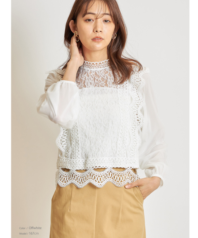 レース袖チュールシフォンブラウス※一部店舗のみ入荷/#49オフホワイト