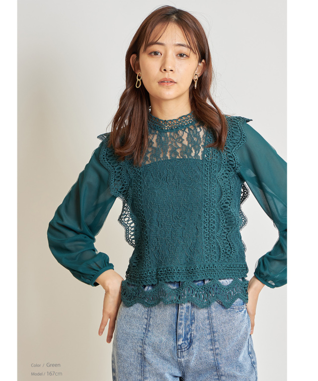 レース袖チュールシフォンブラウス※一部店舗のみ入荷/#30グリーン