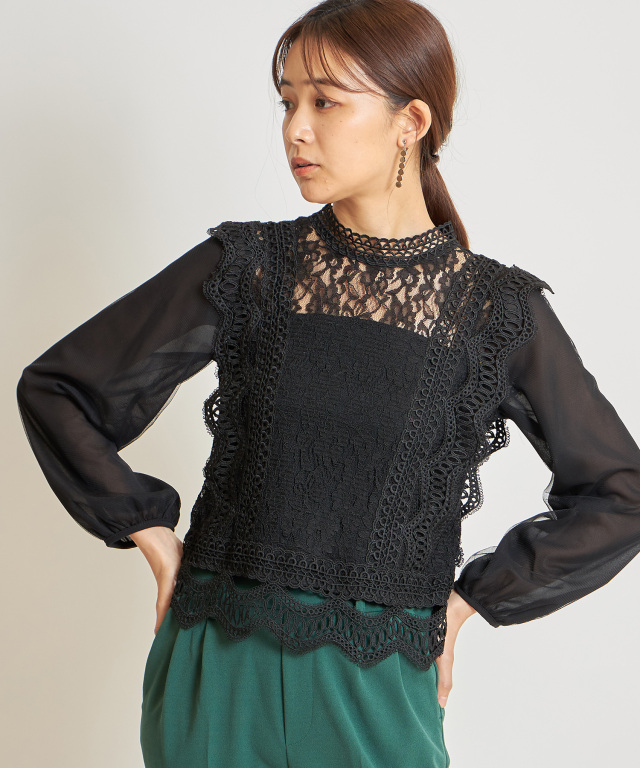 レース袖チュールシフォンブラウス※一部店舗のみ入荷/#05ブラック