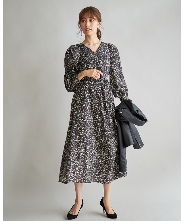 ギャザーカシュクール小花柄ワンピース