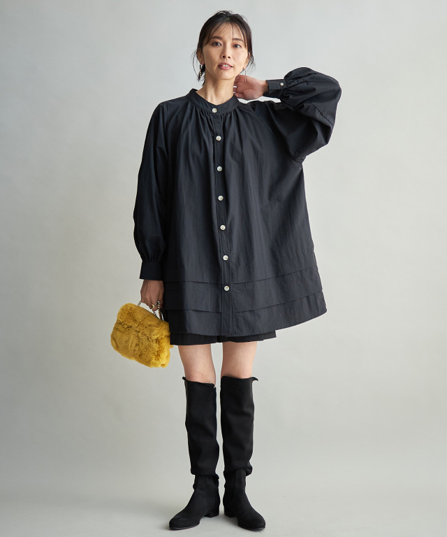 【美品】タックボリュームワンピース Whim Gazette 黒　長袖 タックボリュームワンピース | Whim Gazette(ウィム ガゼット
