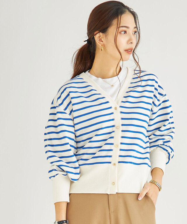 前後2WAY裏起毛ボーダーVネックカーデ