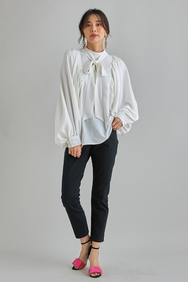 前後2WAYギャザースリーブボウタイブラウス