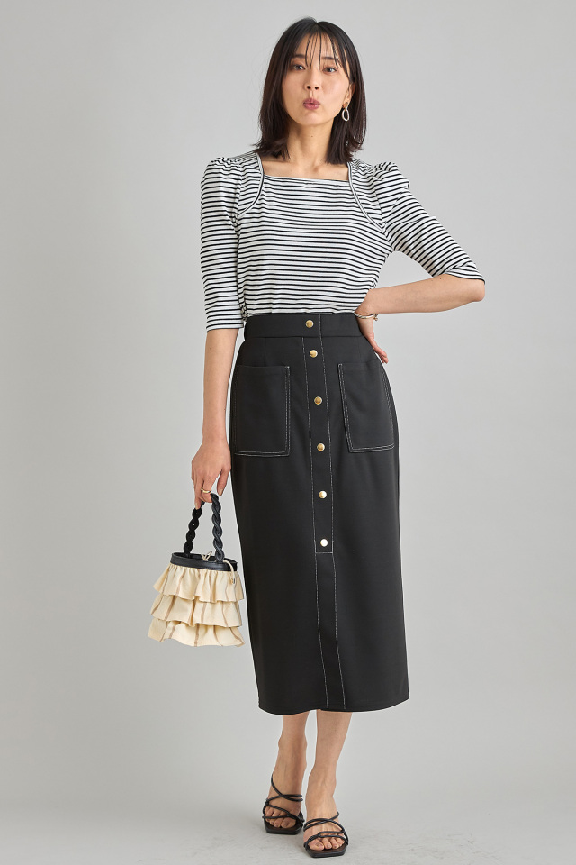 ESCADA チェック柄タイトスカート ゴールドボタン付き WEB限定】配色ステッチボタンタイトスカート