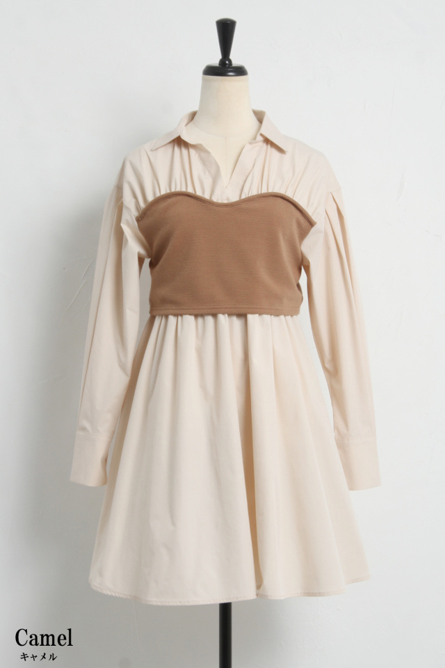 試着のみ✨️今季✨️JUSGLITTY レイヤードドッキングワンピース M キャメル WEB限定】ビスチェドッキングワンピース