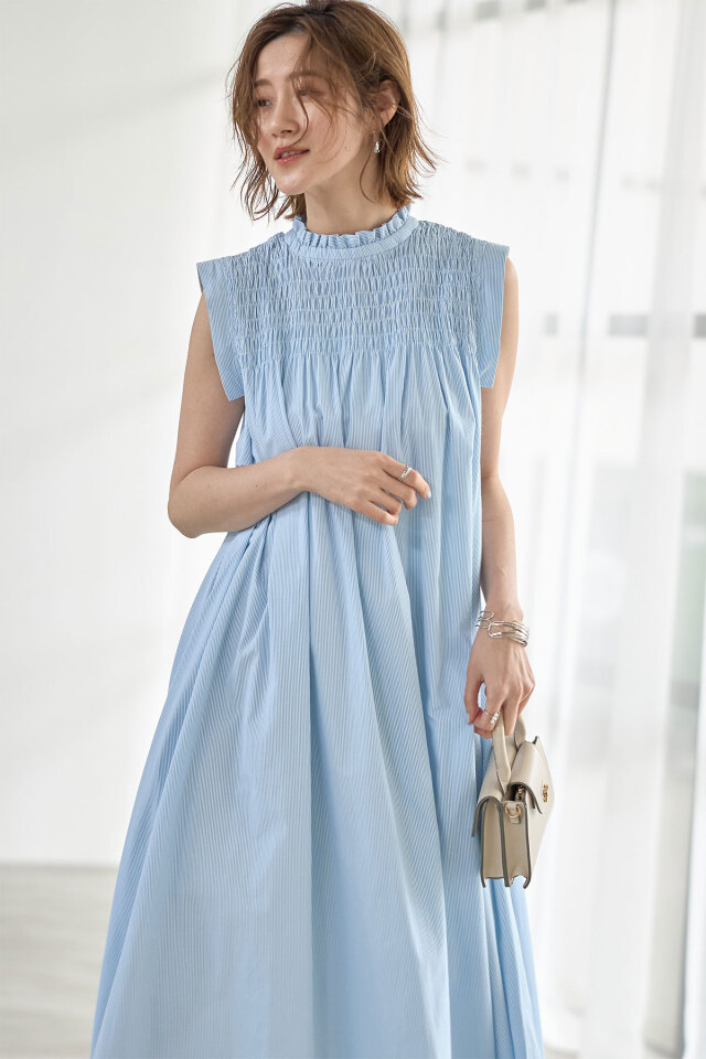 WEB限定】ストライプシャーリングノースリワンピース