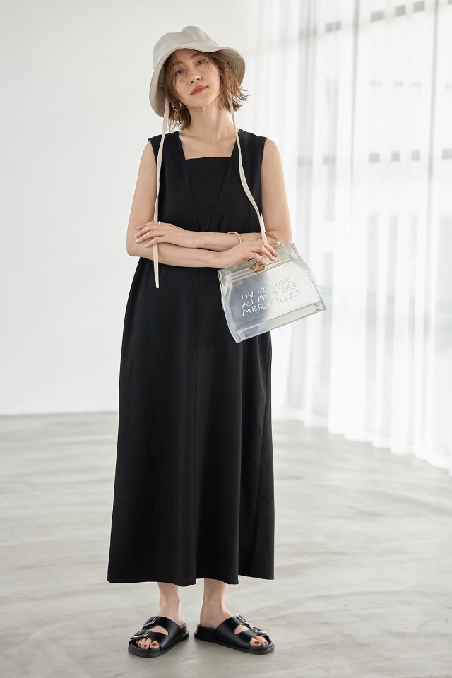 chiruchiruさま ブラックリネンバックVネックノースリーブワンピース WEB限定】リネンタッチVネックデザインノースリワンピース