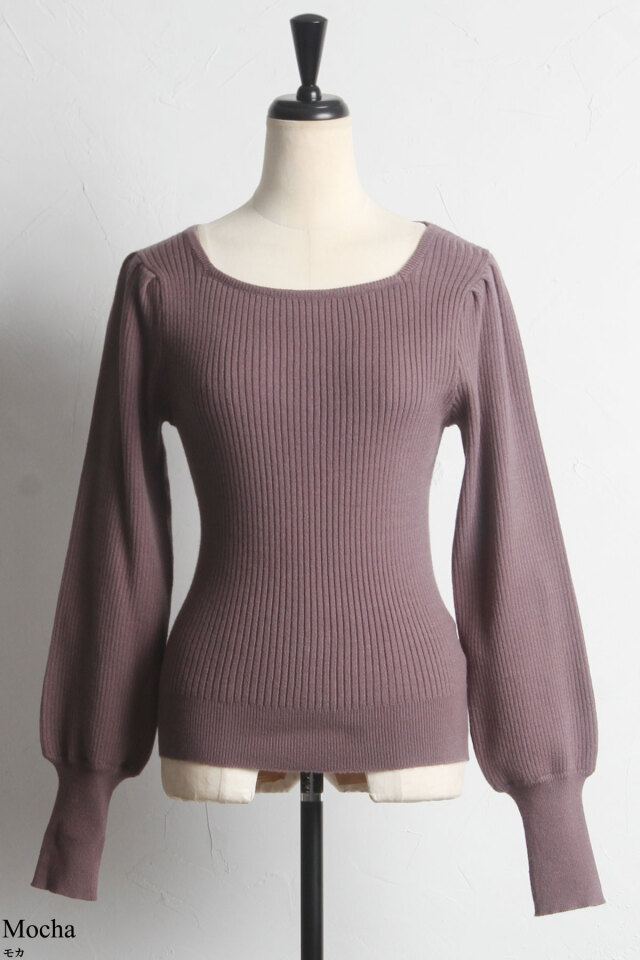 テラコッタブラウン 夢展望 L バルーン袖ニット リブ編みスクエア