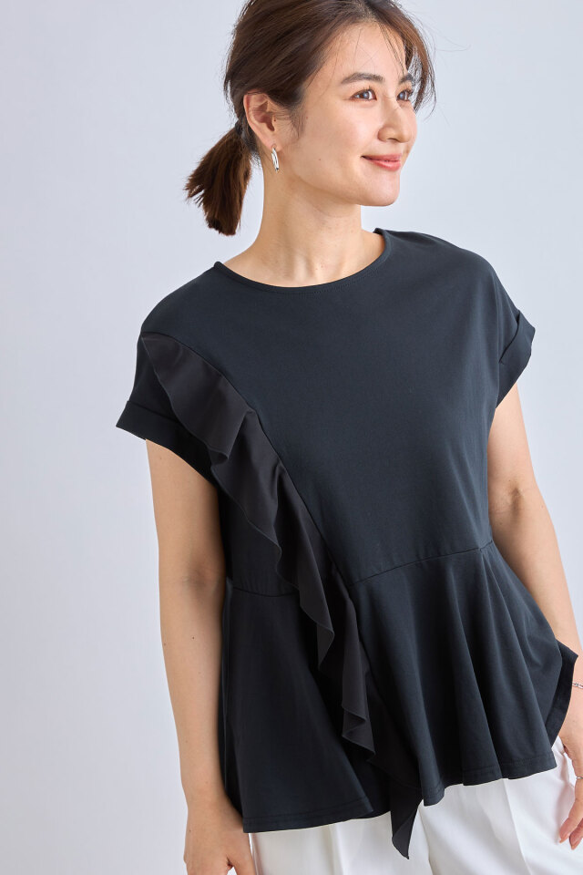 ドゥロワー フリル アシンメトリー シャツ ブルー WEB限定】アシンメトリーフリルTシャツ
