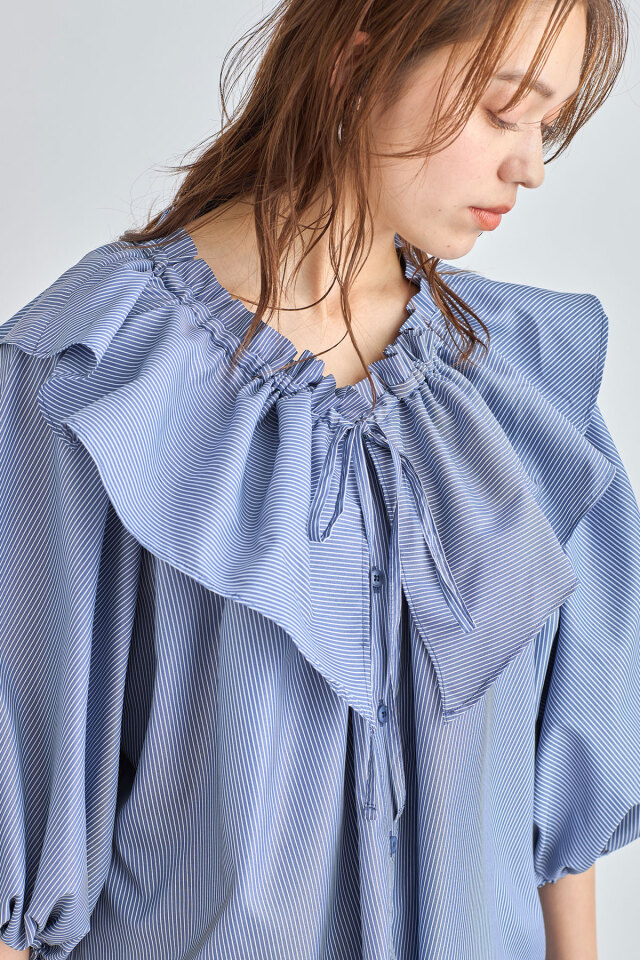 LANVIN en Blue ストライプ フリル ブラウス LANVIN en Bleu - LANVIN en Blue ストライプ フリル ブラウスの通販