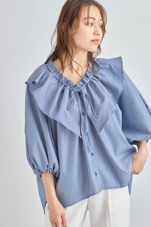 ストライプフリルブラウス