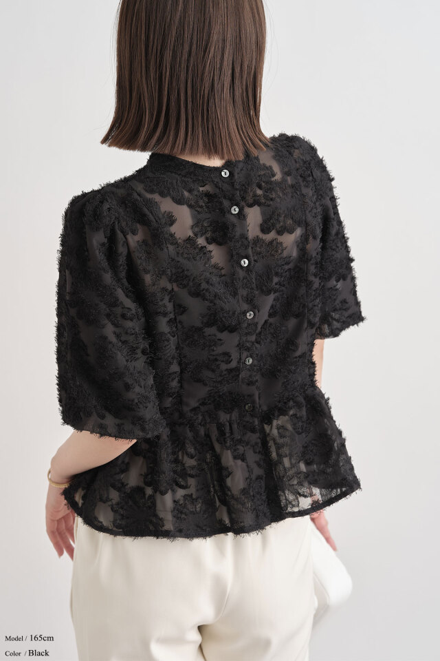 前後2WAY花柄シアーバルーンスリーブペプラムブラウス