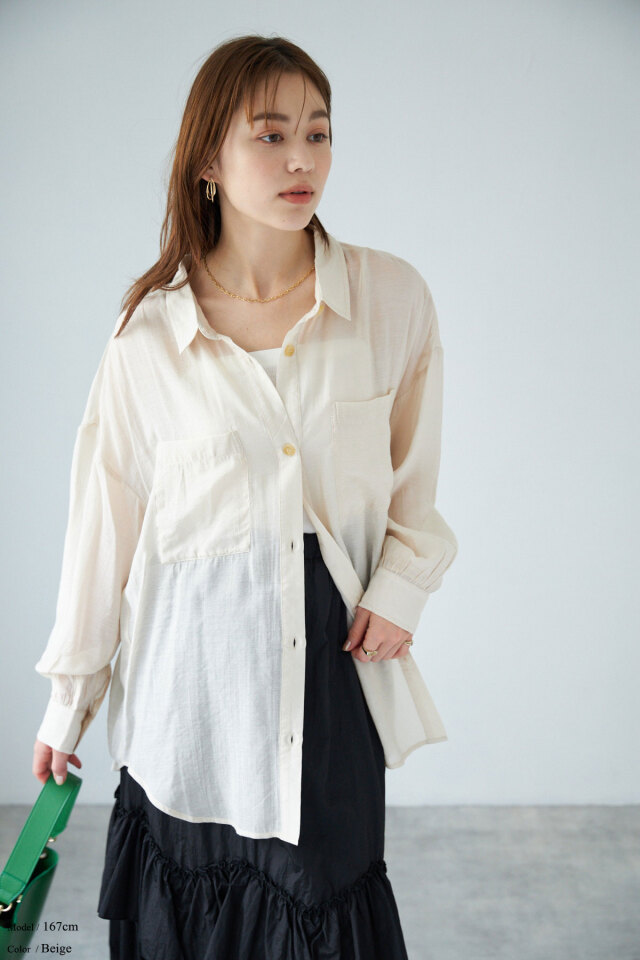 売れ筋商品|||ヤス シャツ レディース トップス YASMAYA - Blouse - birch ポケット付きシアーシャツ※一部店舗のみ入荷
