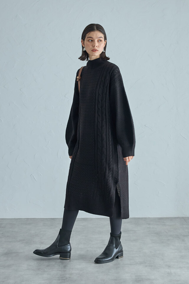 ケーブルハイネックワンピース