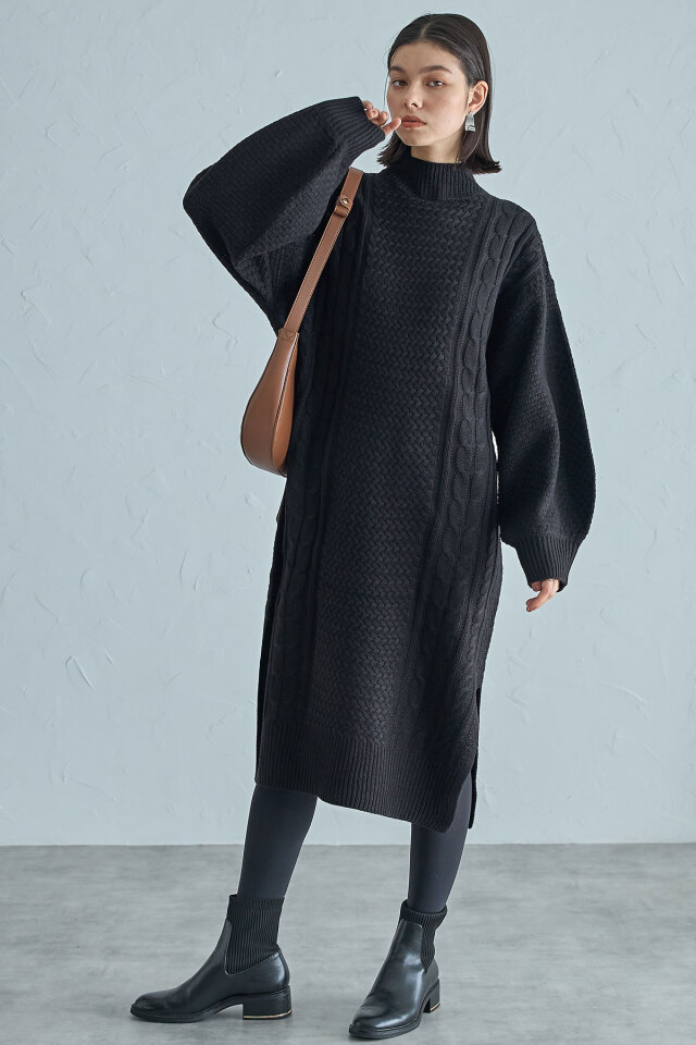 ケーブルハイネックワンピース