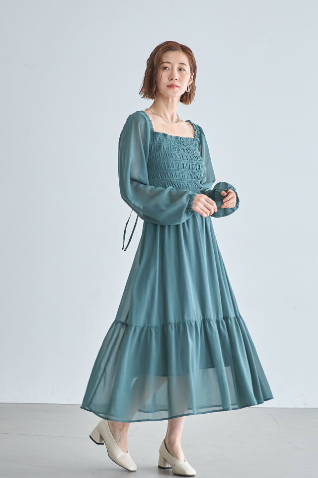 シフォンシャーリング袖&切替デザイン ワンピース S〜XXL シフォンシャーリング袖&切替デザイン ワンピース S〜XXL ワンピース