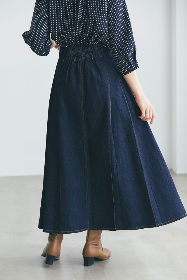 ちびすけ！2wayフリル☆立体バルーンスカート☆着痩せ☆デニム×ヒッコリー フリル付き裾ペプラムバルーントップス