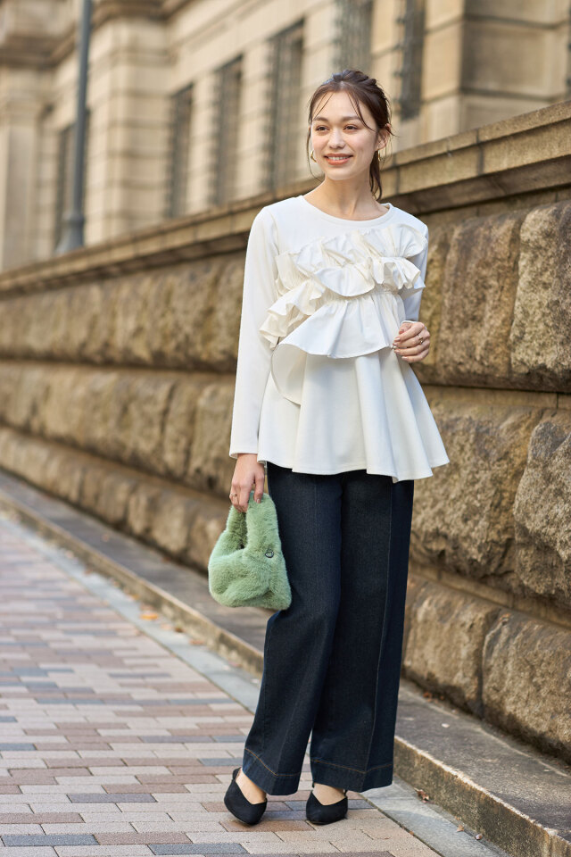 ポンチギャザーフリルフレンチカットソー ホワイト ポンチギャザースリーブカットソー≪セットアップ対応／手洗い可能