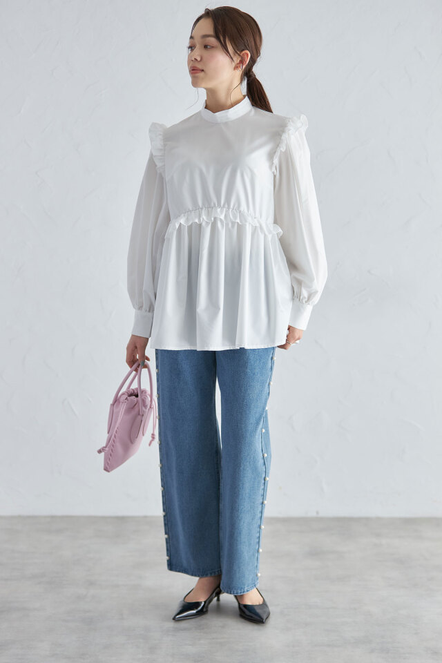 スタンドカラーギャザーフリルペプラムブラウス※一部店舗のみ入荷