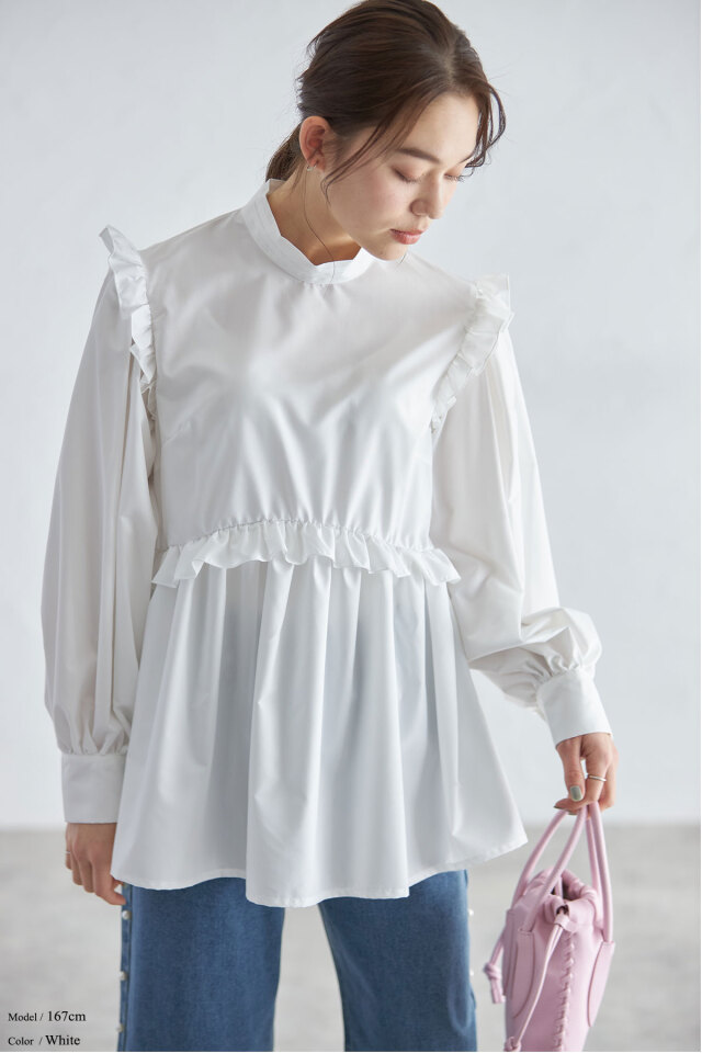 スタンドカラーギャザーフリルペプラムブラウス※一部店舗のみ入荷