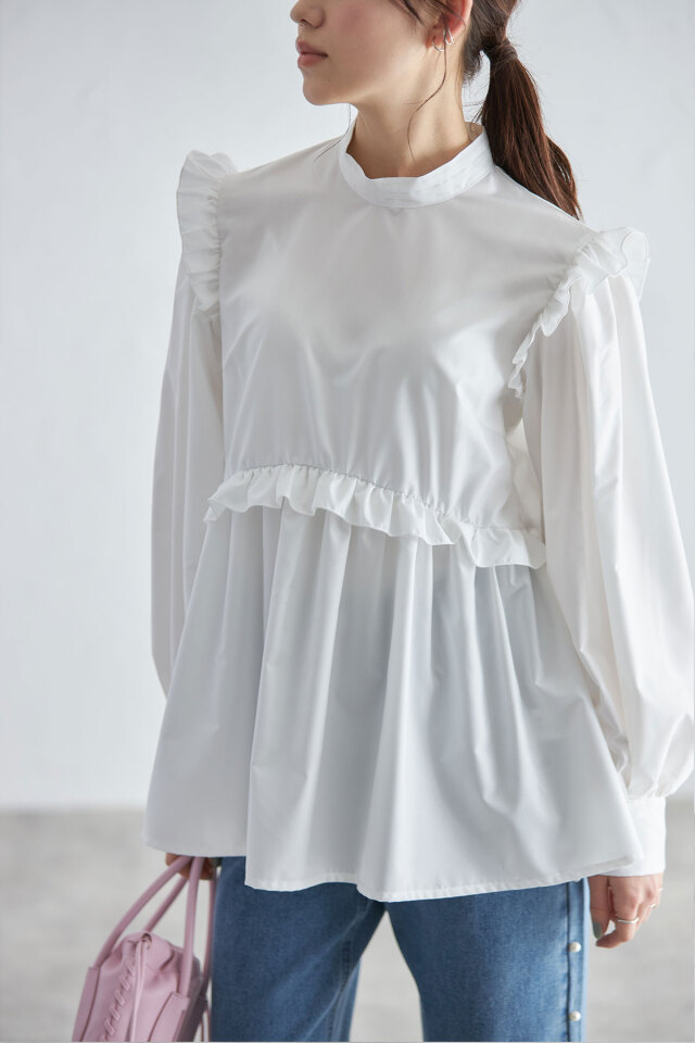 スタンドカラーギャザーフリルペプラムブラウス※一部店舗のみ入荷