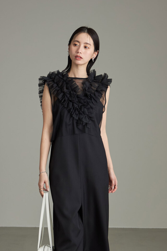 フリル付きブラックチュールトップス＆ブラックオールインワン2点セット 新色追加】【VISDRESS】チュールフリルセットオールインワン【低