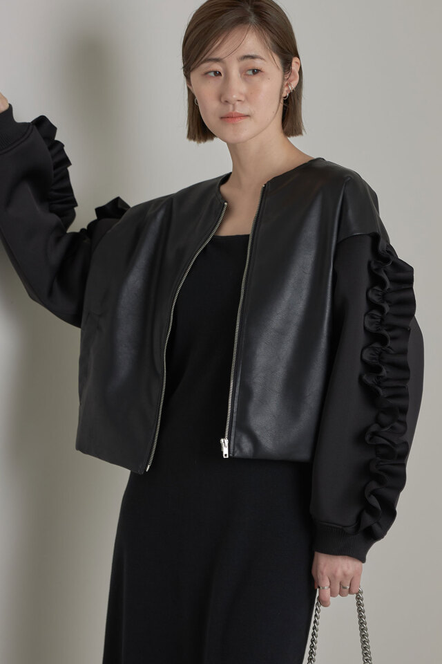 WEB限定】レザー×ダンボールニットフリルブルゾン
