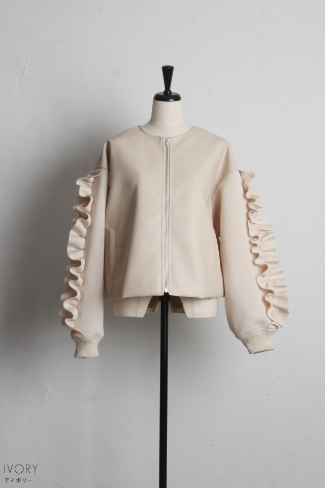 WEB限定】レザー×ダンボールニットフリルブルゾン