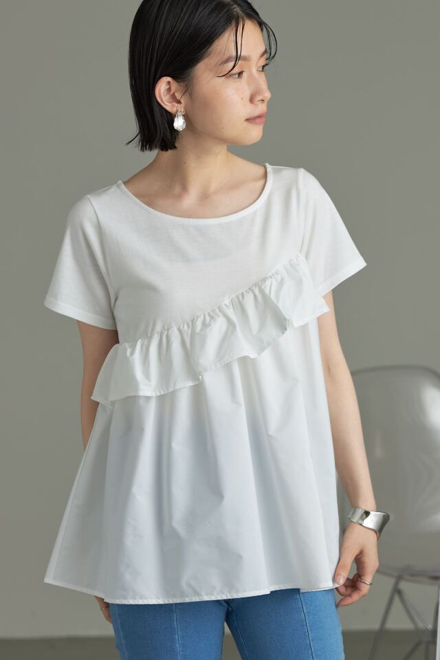 【新品】BEARDSLEY 斜めフリル アシメフリルフレンチプルオーバー グレー セール】 《LIVEでご紹介》アシメフリルフレンチプルオーバー