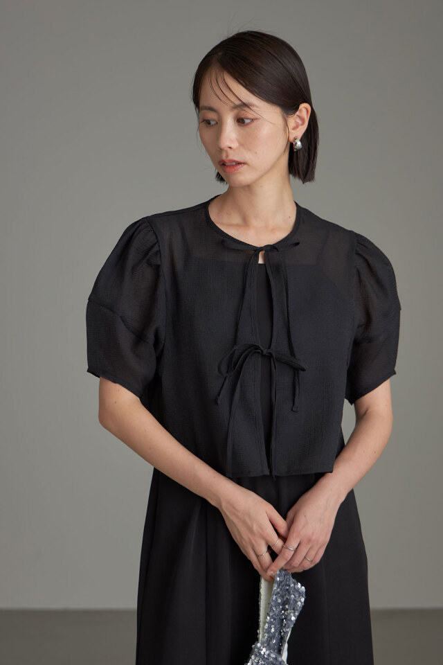 WEB限定】ワッシャーシアーリボンバルーン袖ブラウス