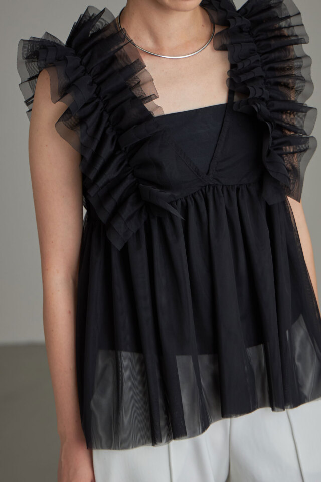 205 ワンダフルワールド　黒総ピコフリルキャミソール スカラップエッジ チュールフリルキャミソールトップス