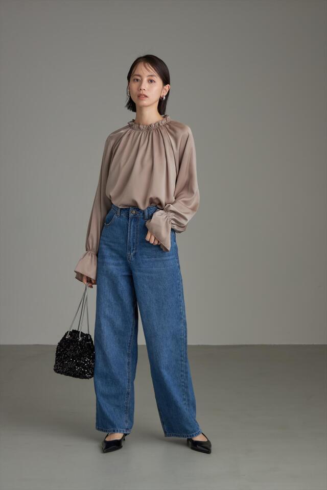 DESIGNWORKS 新作 サテンネックフリルブラウス ネイビー 38 【公式通販】