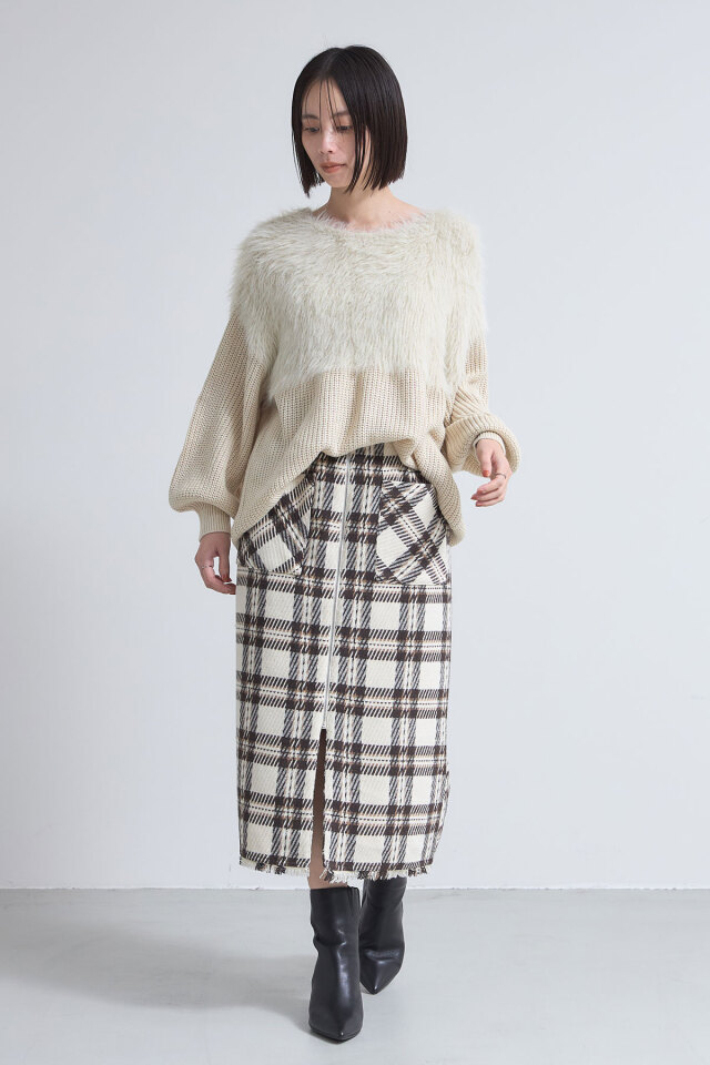 ウールライクフロントジップチェックタイトスカート※一部店舗のみ入荷