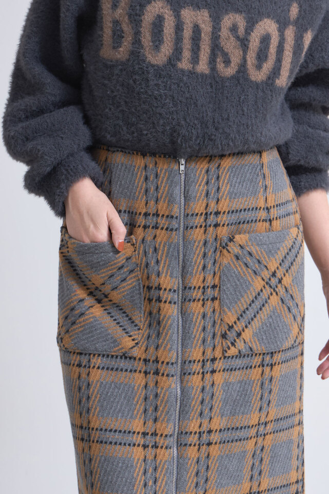 ウールライクフロントジップチェックタイトスカート※一部店舗のみ入荷