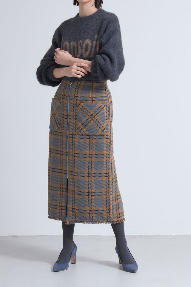 ウールライクフロントジップチェックタイトスカート※一部店舗のみ入荷