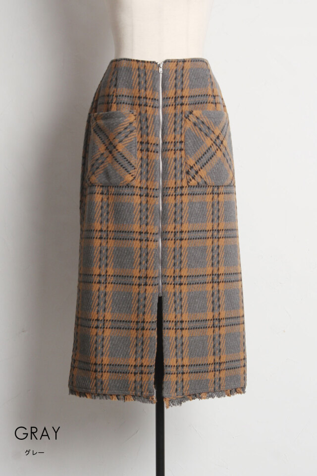 ウールライクフロントジップチェックタイトスカート※一部店舗のみ入荷