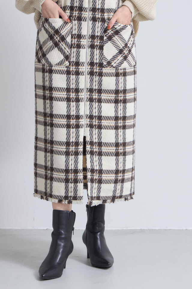 ウールライクフロントジップチェックタイトスカート※一部店舗のみ入荷