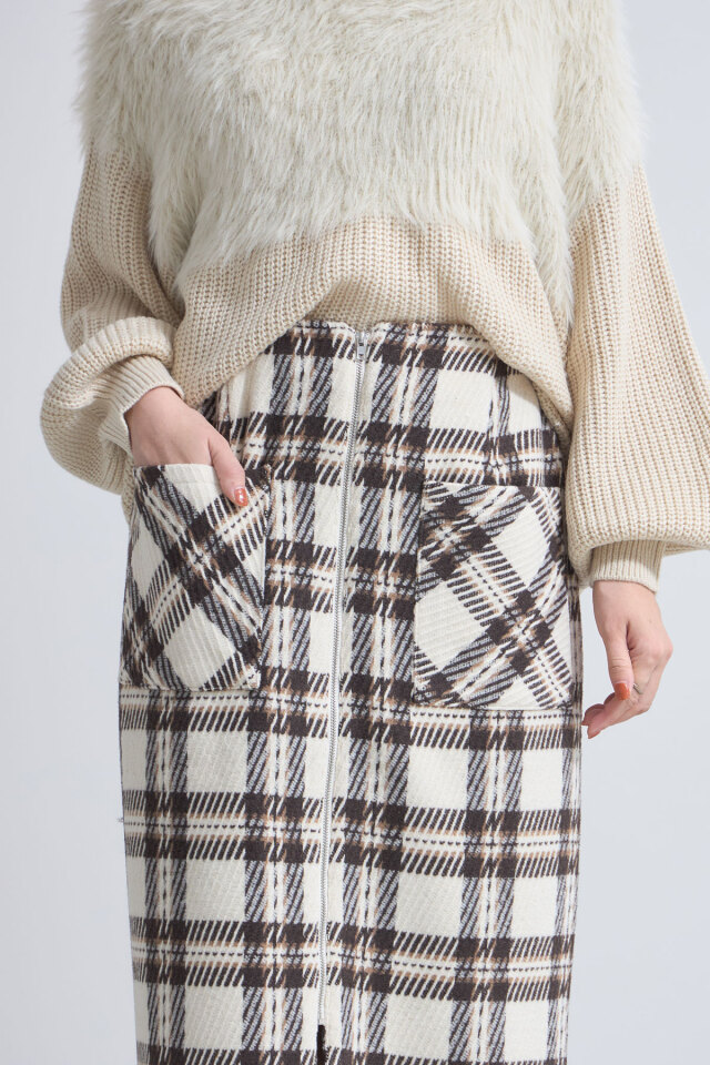 ウールライクフロントジップチェックタイトスカート※一部店舗のみ入荷