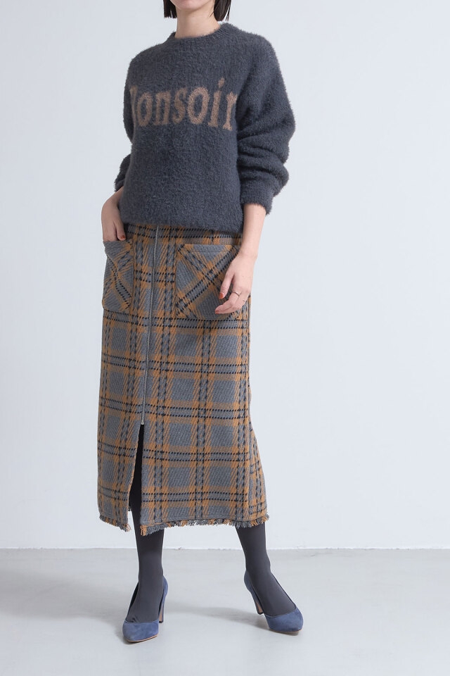 ウールライクフロントジップチェックタイトスカート※一部店舗のみ入荷