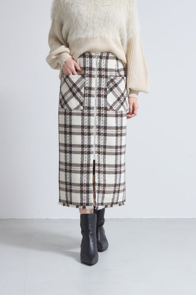 ウールライクフロントジップチェックタイトスカート※一部店舗のみ入荷