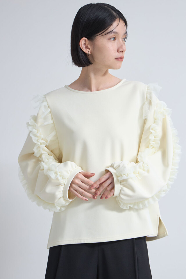 【1/1 SALE拡大！】ベアスキン裏ベロアチュールフリル袖プルオーバー＊SALE品につき返品/交換/注文確定後の変更キャンセル不可＊