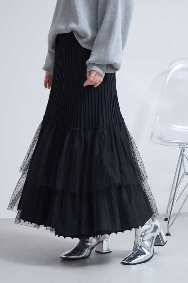 裾ドットチュールニットフレアスカート※一部店舗のみ入荷